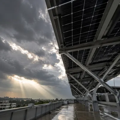 Solar Panel Canopy Beneath Stormy Sky