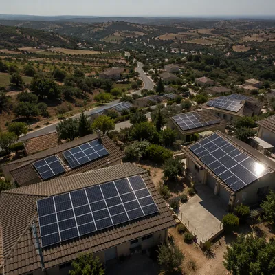 Solar Rooftops Across Quiet Hillside Neighborhood