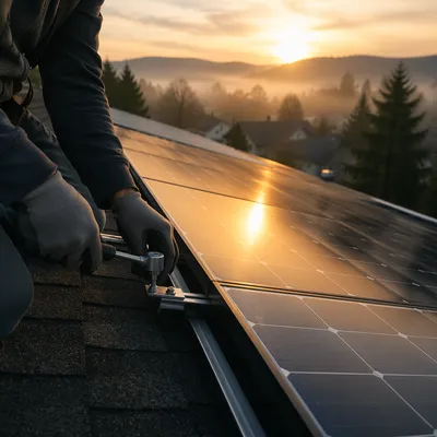 Morning Solar Panels on Suburban Rooftop