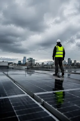 Solar Technician on Urban Rooftop Panels