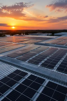 Industrial Rooftop Solar Panels at Sunset