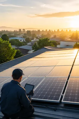 Solar Panels on Community Rooftop at Sunrise
