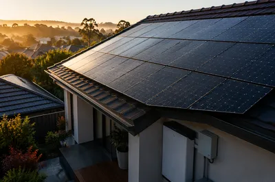 Modern Rooftop Solar Panels at Sunrise