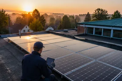 Solar Panels on Community Rooftop at Sunrise