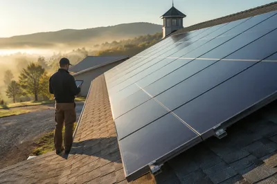 Rural Rooftop Solar Panels at Sunrise