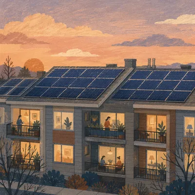 Rooftop Solar Panels at Peaceful Sunset
