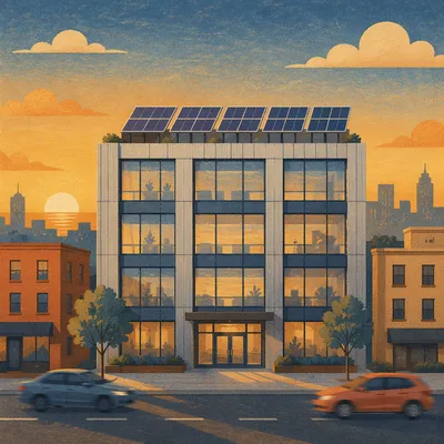 Urban Rooftop Solar Panels at Sunset