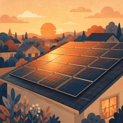 Sunset Solar Panels on Suburban Rooftop