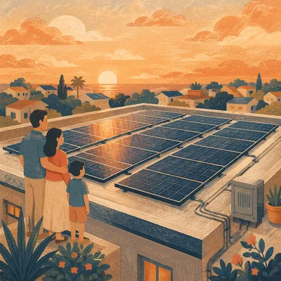Solar Panels on Rooftop at Sunset