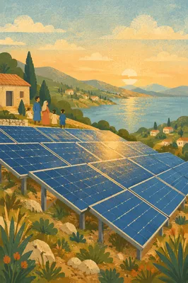 Solar Panels Over Coastal Hills at Sunset