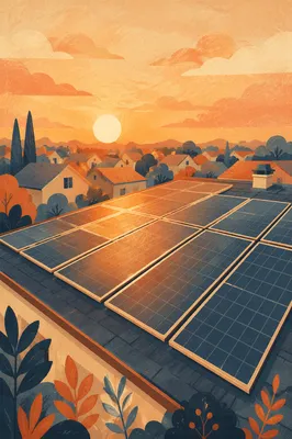 Sunset Rooftop Solar Panels in Suburbia
