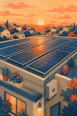 Sunset Rooftop Solar Panels in Warm Light