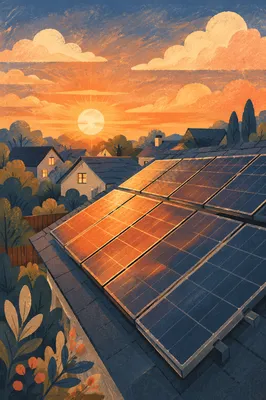 Sunset Rooftop Solar Panels in Suburban Neighborhood