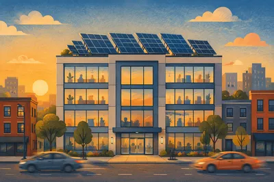 Rooftop Solar Panels at Golden Sunset