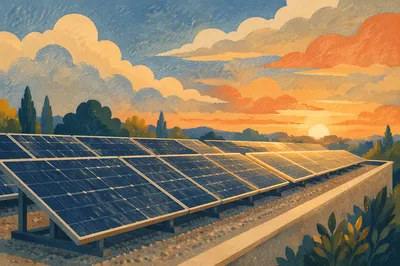 Rooftop Solar Panels at Golden Sunset