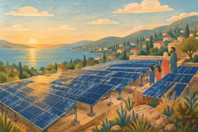 Rooftop Solar Panels at Peaceful Sunset