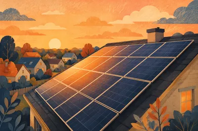 Sunset Rooftop Solar Panels in Suburbia