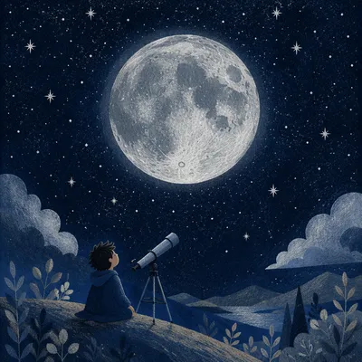 Telescope Observing Moonlit Starry Night Sky