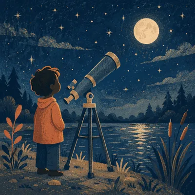 Young Stargazer Observing Moonlit Night Sky