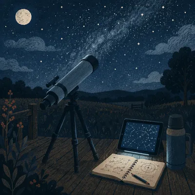 Folk Art Telescope Under Starry Sky