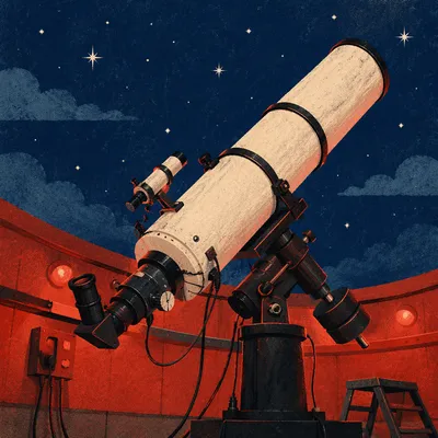 Astronomical Telescope Under Red Lit Night Sky