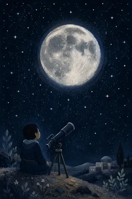 Telescope Observing Moonlit Starry Night