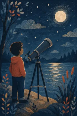 Moonlit Telescope Stargazing by Quiet Lake