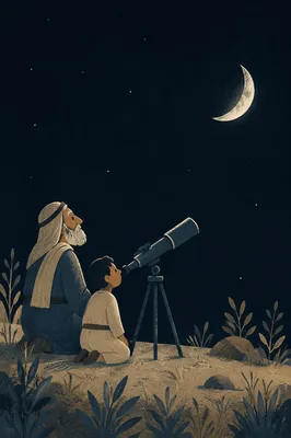 Telescope Under Crescent Moon Night Sky