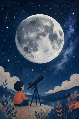 Telescope Silhouette Beneath Detailed Moonlit Sky