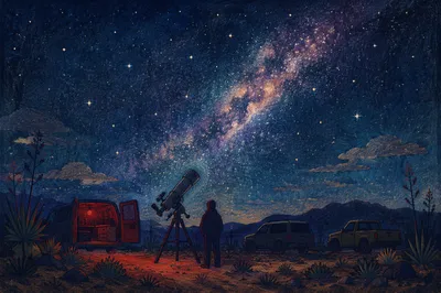 Telescope Under Milky Way Night Sky