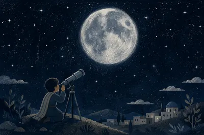 Telescope Observing Moonlit Starry Night Sky