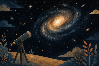 Telescope Under Spiral Galaxy Night Sky
