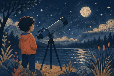 Moonlit Telescope Stargazing by Quiet Lake