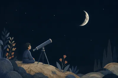 Telescope Observing Crescent Moon at Night