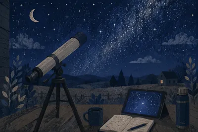 Folk Art Telescope Under Starry Night