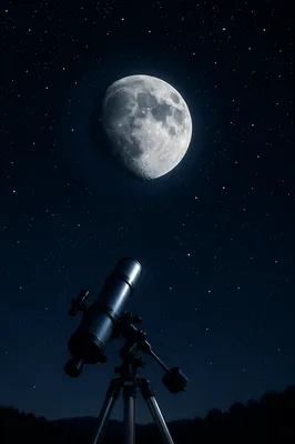 Telescope Observing Moonlit Starry Night Sky