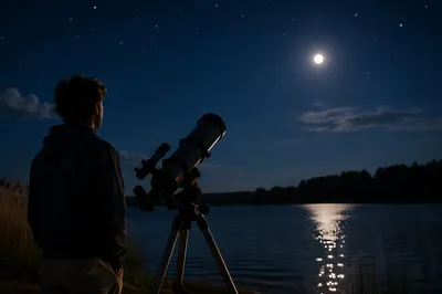 Young Stargazer with Telescope by Moonlit Lake