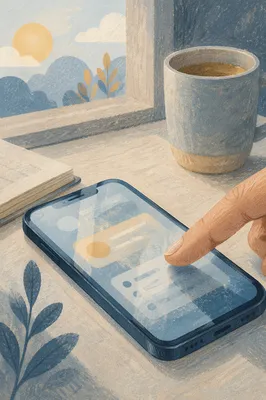 Finger Tapping Smartphone in Morning Workspace