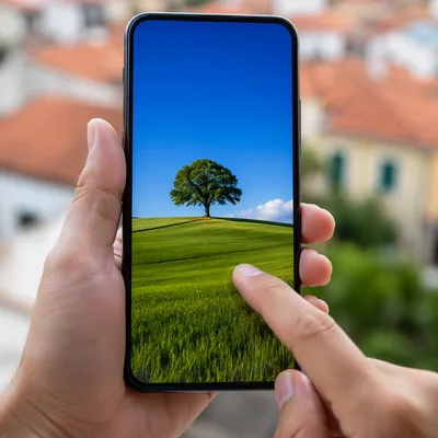 Finger Tapping Smartphone With Nature Wallpaper