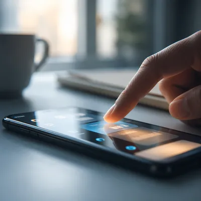 Finger Tapping Smartphone in Morning Workspace