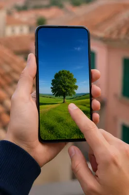 Finger Tapping Smartphone with Nature Wallpaper