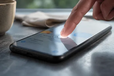 Fingertip Tapping Smartphone Screen in Morning Light