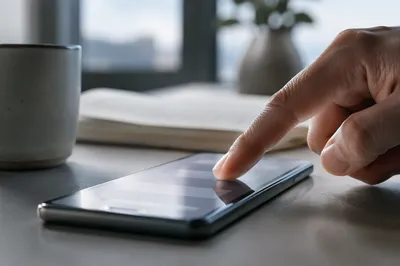 Finger Tapping Smartphone in Morning Workspace
