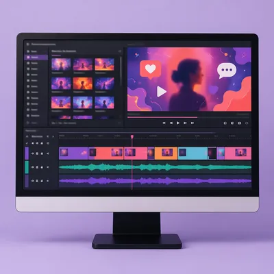 Colorful Video Editing Timeline on Monitor