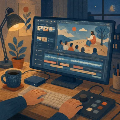 Late Night Video Editing Workspace Monitor