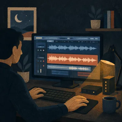 Late Night Video Editing Workspace Monitor