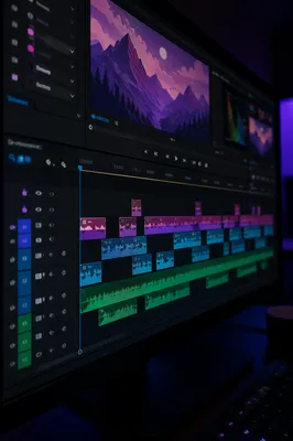 Neon Video Editing Timeline on Monitor