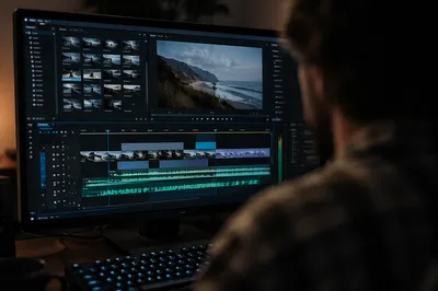 Professional Video Editing Timeline on Monitor