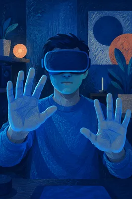 Person Wearing VR Headset in Blue Light