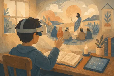 Person Using Virtual Reality Headset at Desk
